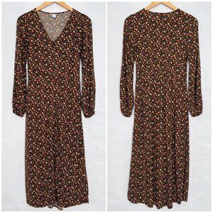 Old Navy Floral Midi Dress Button Front V-Neck Long Sleeve Size Small Tall Brown